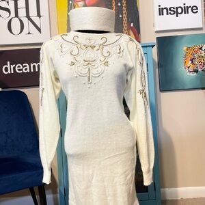 Vintage Darian Cream Sweater Dress w/ Pearls, Rhinestones & Gold Beading